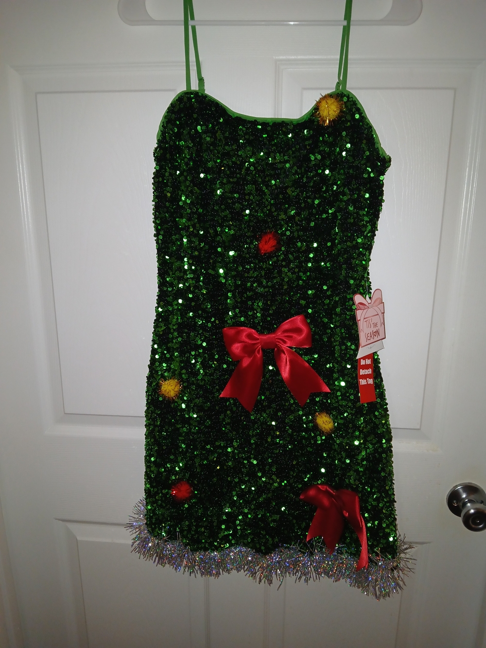 Green Sequin Holiday Tree Costume Dress with Red Bow - Woman's